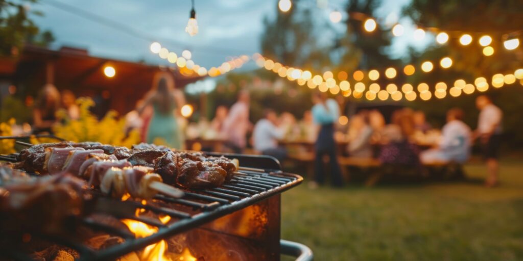 Grill mit Fleischspießen im Vordergrund, dahinter feiern Menschen eine Party