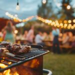 Grill mit Fleischspießen im Vordergrund, dahinter feiern Menschen eine Party