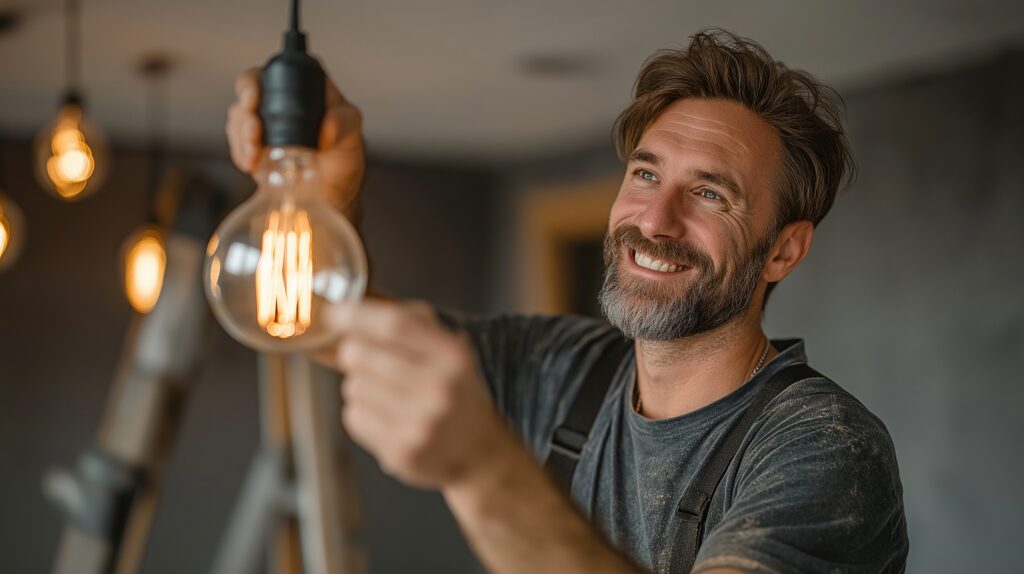 Ein gut aussehender Mann stellt eine Lampe an die Decke.